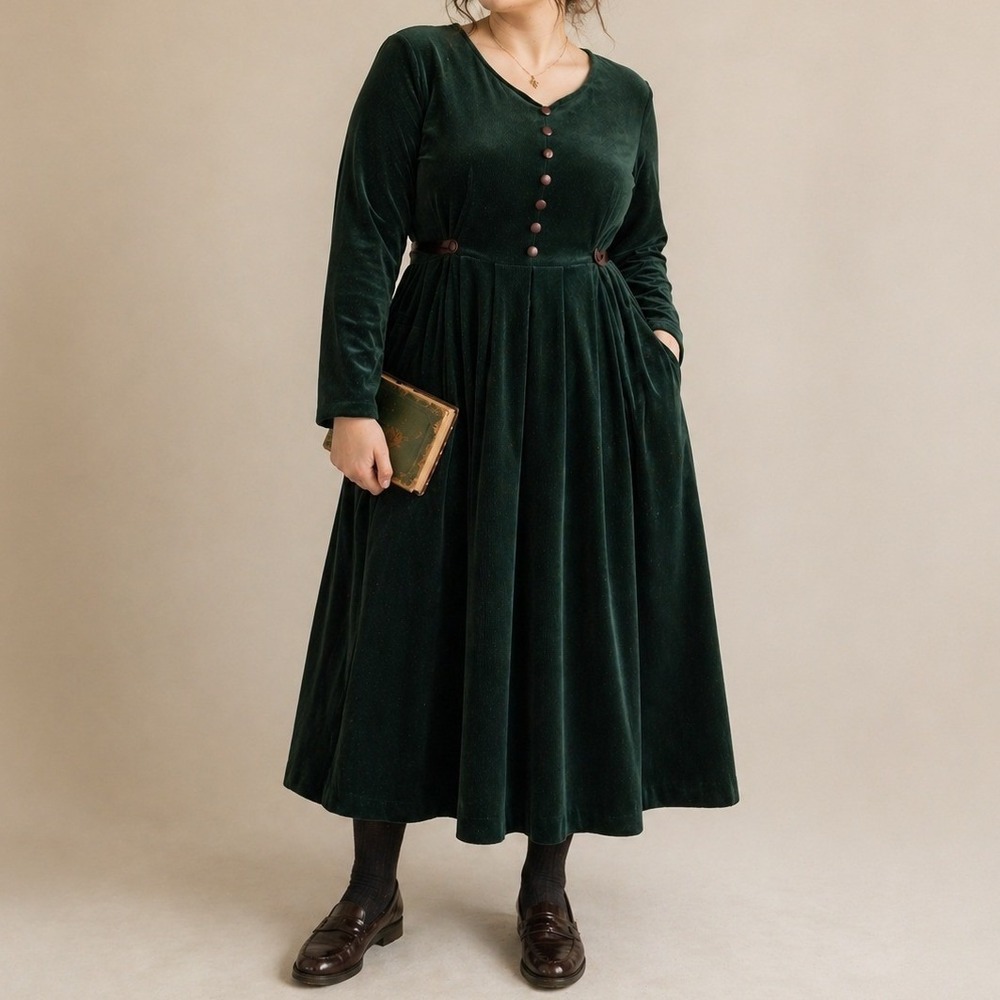 Vintage Helene Blake Green Velour Cord Midi Dress Tie Waist Cottagecore Womens L